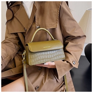 Close-up of olive green crocodile pattern small square bag with golden hardware