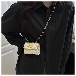 Close-up of mini monogram crossbody bag with gold chain strap on a black shirt