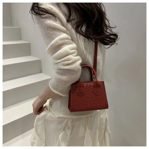 Close-up of red woven crossbody bag with fixed round handles on a fashion model