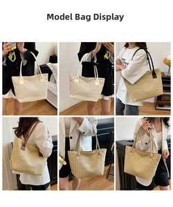 Viste dettagliate di borse tote in paglia intrecciata nei colori beige e caffè