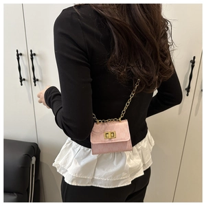 Detail of a mini pink crossbody bag with a gold chain strap and metallic clasp
