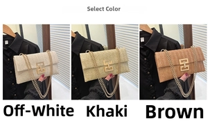 Straw flap crossbody bags in off-white, khaki, and brown with gold chain and H buckle