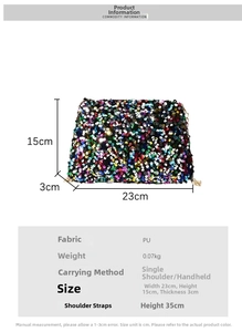 Detailed view of colorful sequin bag with metal chain strap and dimension specifications
