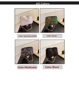 Detail of sequin mini bucket bags with gold chain straps in four vibrant colors