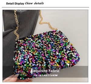 Close-up of vibrant multi-colored sequins and luxury gold chain on a designer crossbody bag