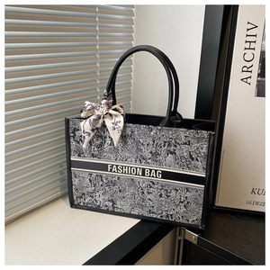 Retro black and white patterned tote bag with silk scarf and FASHION BAG text detail