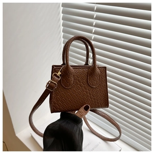 Detail of a brown woven mini handbag with gold hardware and adjustable shoulder strap