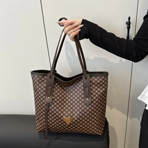 Grand sac cabas marron à motifs géométriques rétro avec logo triangulaire doré