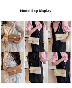 Detail showing woven straw envelope bags in coffee and beige with golden chain straps