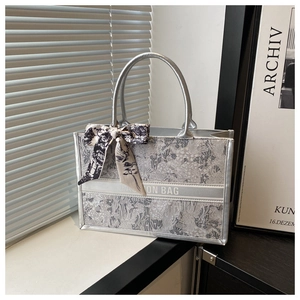 Toile de Jouy print tote bag with silk scarf ribbon and Fashion Bag branding on front