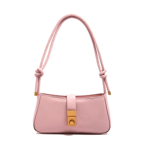 Pink minimalist baguette underarm bag with adjustable knotted strap and gold metal clasp