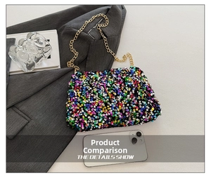 Detail showing colorful sequins on a small crossbody bag with a gold chain strap