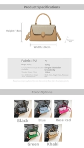 Detailed size chart and multi-color options for woven texture crossbody handbags