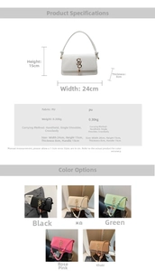 Detailed view of the stylish PU leather crossbody bag with metal logo and size specs