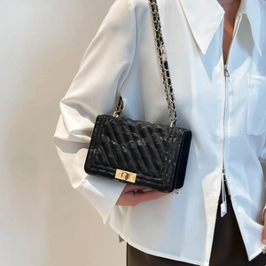 Quilted black PU leather shoulder bag with gold chain strap and metal lock closure