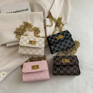Mini chain square bags in four colors with gold metal locks and jacquard textures