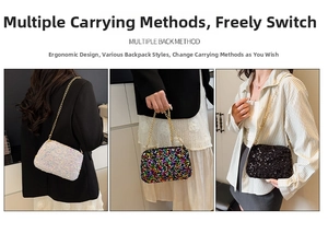 Detailed view of sequin crossbody bags in white, black and colorful with gold chain straps