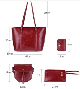 Size chart for 4-piece burgundy tote bag set showing detailed dimensions in centimeters