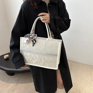 Minimalist beige floral embroidered tote bag with scarf and Fashion Bag text detail
