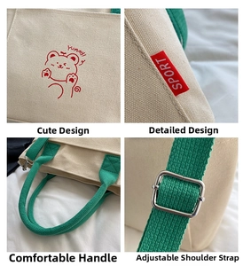 Detailed views of canvas bucket bag showing cute bear design and adjustable strap features