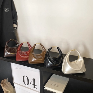 Women Hobo Bag Shiny PU Leather Underarm Shoulder Handbag Vintage Dumpling Shape With Golden Buckle Retro Style Daily