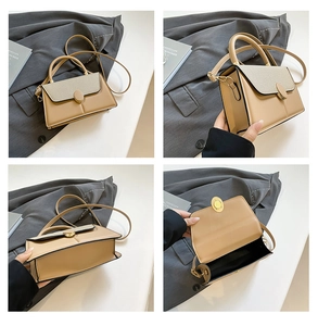 Detailed four-way view showing front, side, bottom and interior of chic beige square handbag