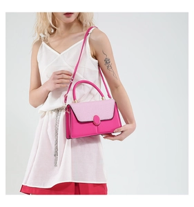 Detail of the pink color-block handbag with a golden metallic oval buckle and fine texture