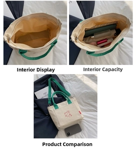 Detailed interior of a beige canvas bucket bag with green straps and spacious compartment