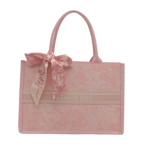 Pink floral tote bag with a silk scarf bow and Fashion Bag text for daily commuting