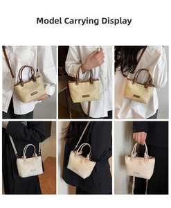 Collage di borsa in paglia intrecciata indossata a mano e a tracolla da una modella