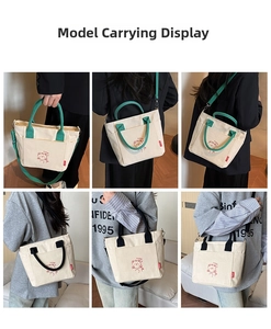 Detail shots of canvas tote bag with red bear embroidery and side pockets in two colors