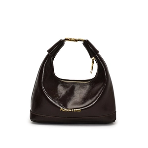 Vintage retro dark brown oil wax leather dumpling handbag with golden buckle and strap