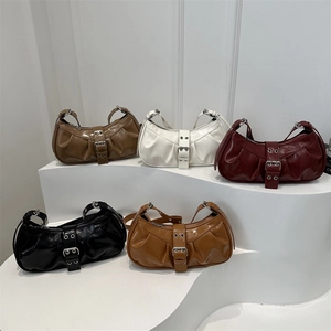Vintage Pleated Underarm Shoulder Bag PU Leather Shiny Metal Buckle Adjustable Strap Retro Fashion For Women