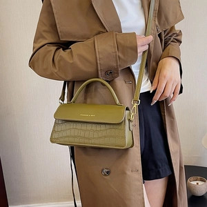 Olive green crocodile embossed leather crossbody handbag with gold fashion hardware
