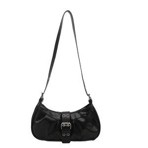 Retro black pleated shoulder bag with silver belt buckle and glossy finish for women