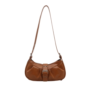 Caramel pleated crescent shoulder bag with silver buckle and adjustable strap