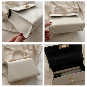 Detailed views of the retro beige crossbody bag with gold hardware and cracked leather texture