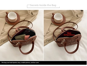 Detail view of the deep brown quilted handbag with inner compartments and zip closure