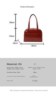 Detailed size guide for vintage dark red PU tote bag with specific dimensions and weight info