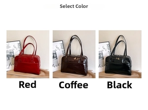 Retro shoulder bag comparison in red, coffee, and black glossy oil leather options