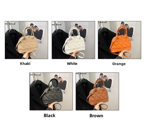 Detailed view of quilted shell bags in khaki, white, orange, black and brown colors