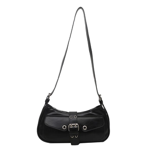Chic black polished leather underarm bag with large silver metal buckle and eyelets