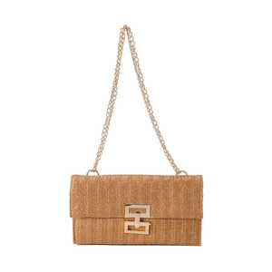 Pochette a busta bohémien in paglia intrecciata con catena dorata e fibbia in metallo