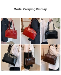 Multiple views of women's vintage faux leather tote bags in red, black, and brown colors