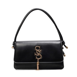 Classic black shoulder bag with gold interlocking SS logo and tassel detail in 2025 style