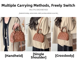 Three-way carry modes showing tote, shoulder, and crossbody styles of the brown quilted bag