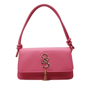 Chic bright pink rectangular shoulder bag with golden logo and elegant fringe detail