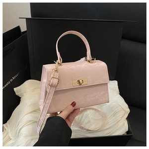 Detail of light pink patent leather handbag with gold twist lock on black gift box