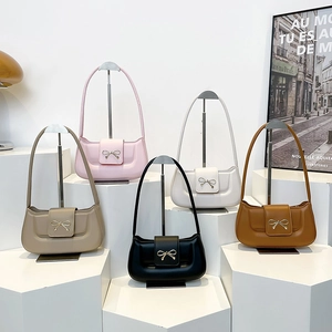 Retro bow knot baguette shoulder bags for women in pink, beige, khaki, black and brown
