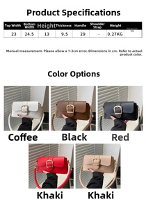 Size guide for PU leather handbag showing dimensions and five available color options